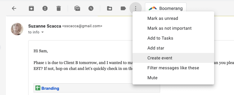 creating an event from gmail