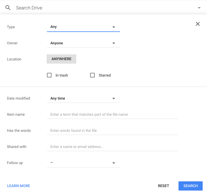 google drive advanced search function