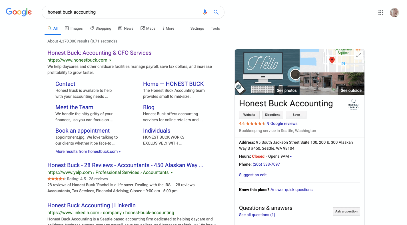 Honest Buck Accounting - Google My Business example
