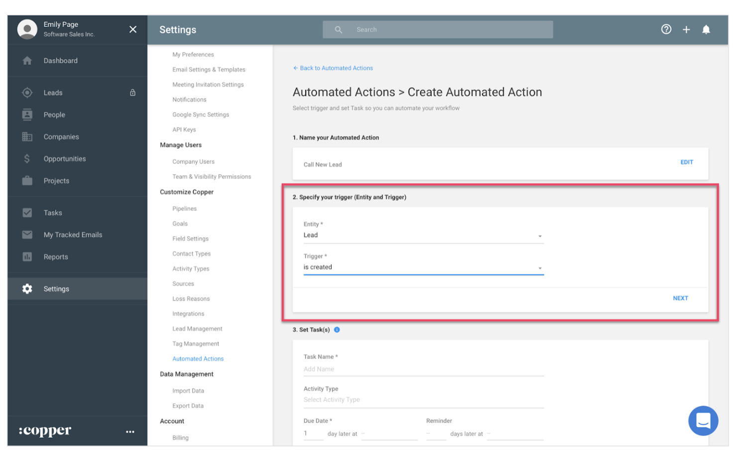 Copper CRM's series of automated actions allows users to create time-saving workflows Copper CRM's series of automated actions allows users to create time-saving workflows