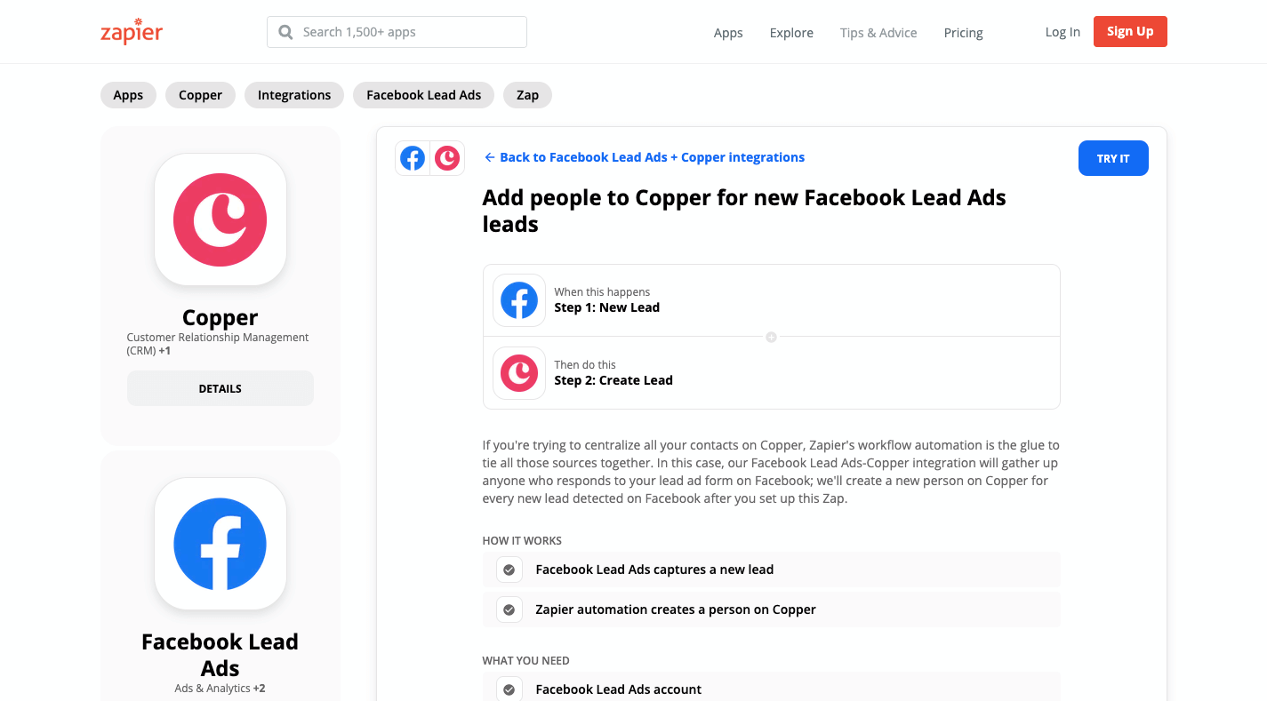 Zapier Facebook Ads Copper