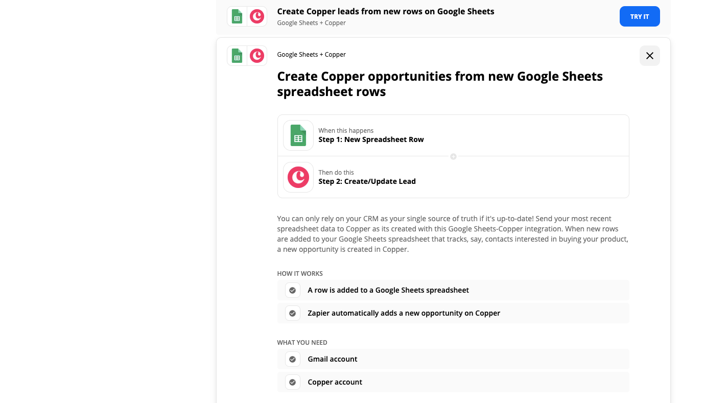 Zapier Google Sheets Copper