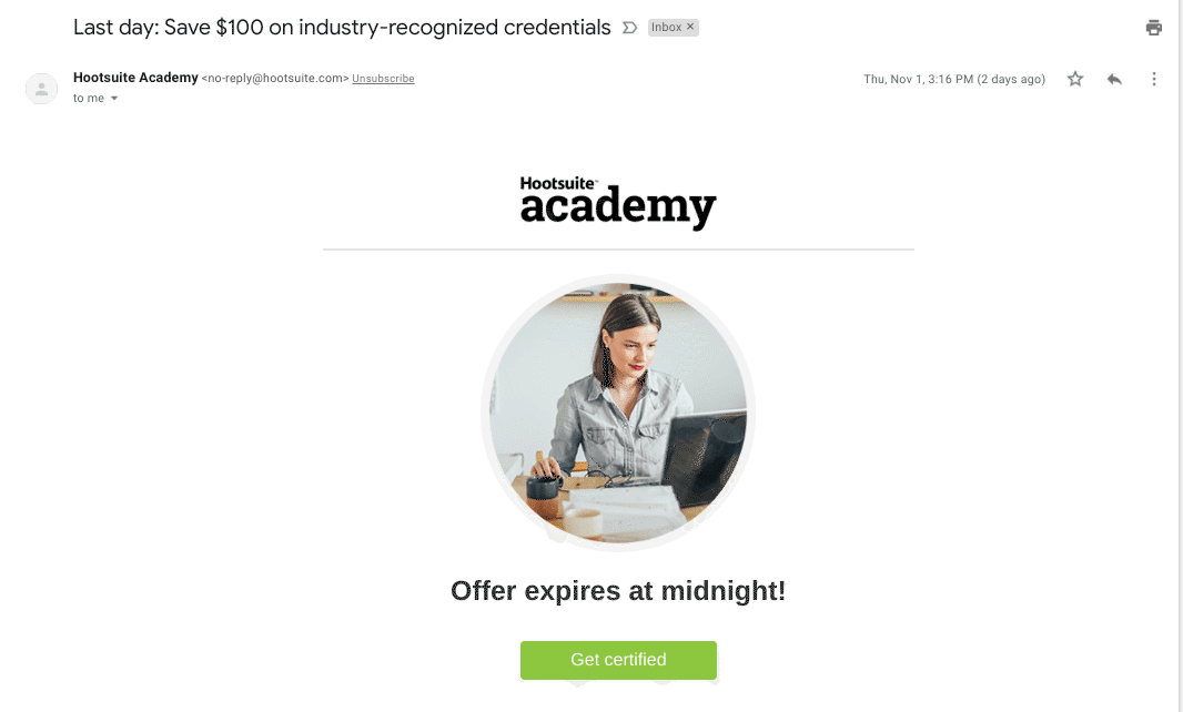 hootsuite academy's upgrade/upsell email drip campaign