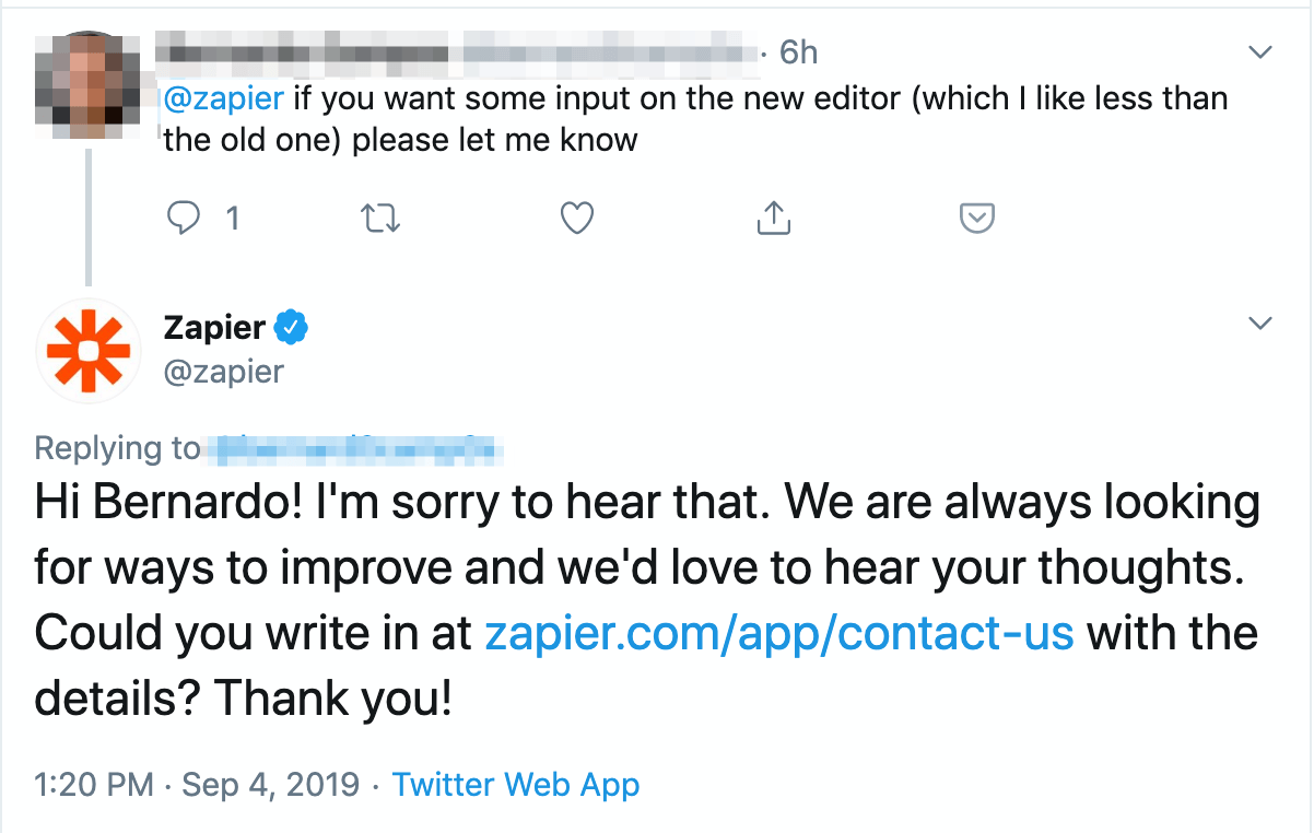 zapier customer feedback example
