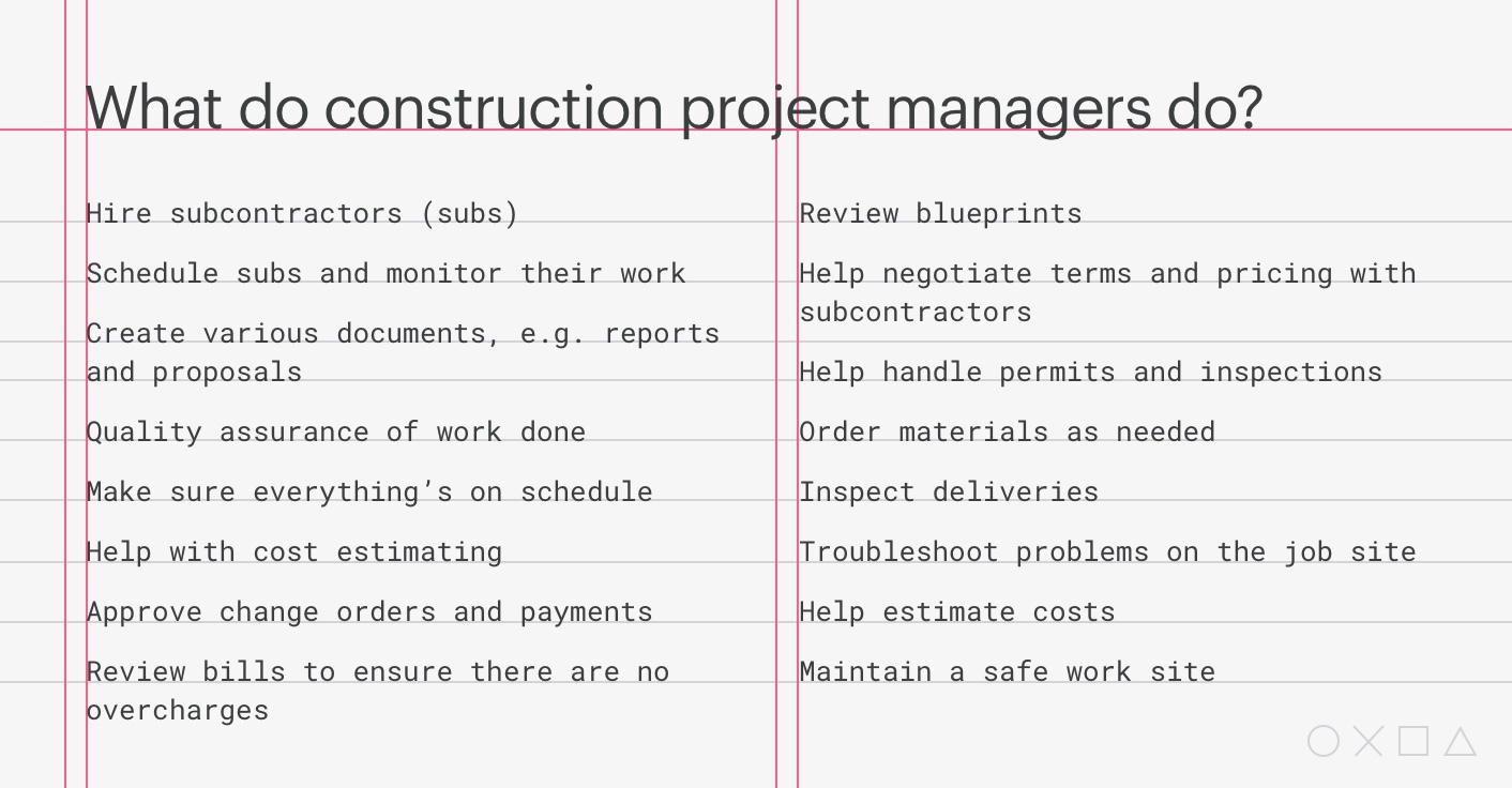 some examples of responsibilities that fall under a construction project manager’s job description.