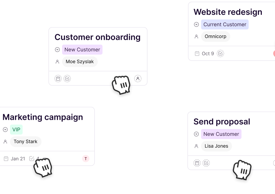 Copper task and project cards for onboarding, redesign, campaigns, and proposals