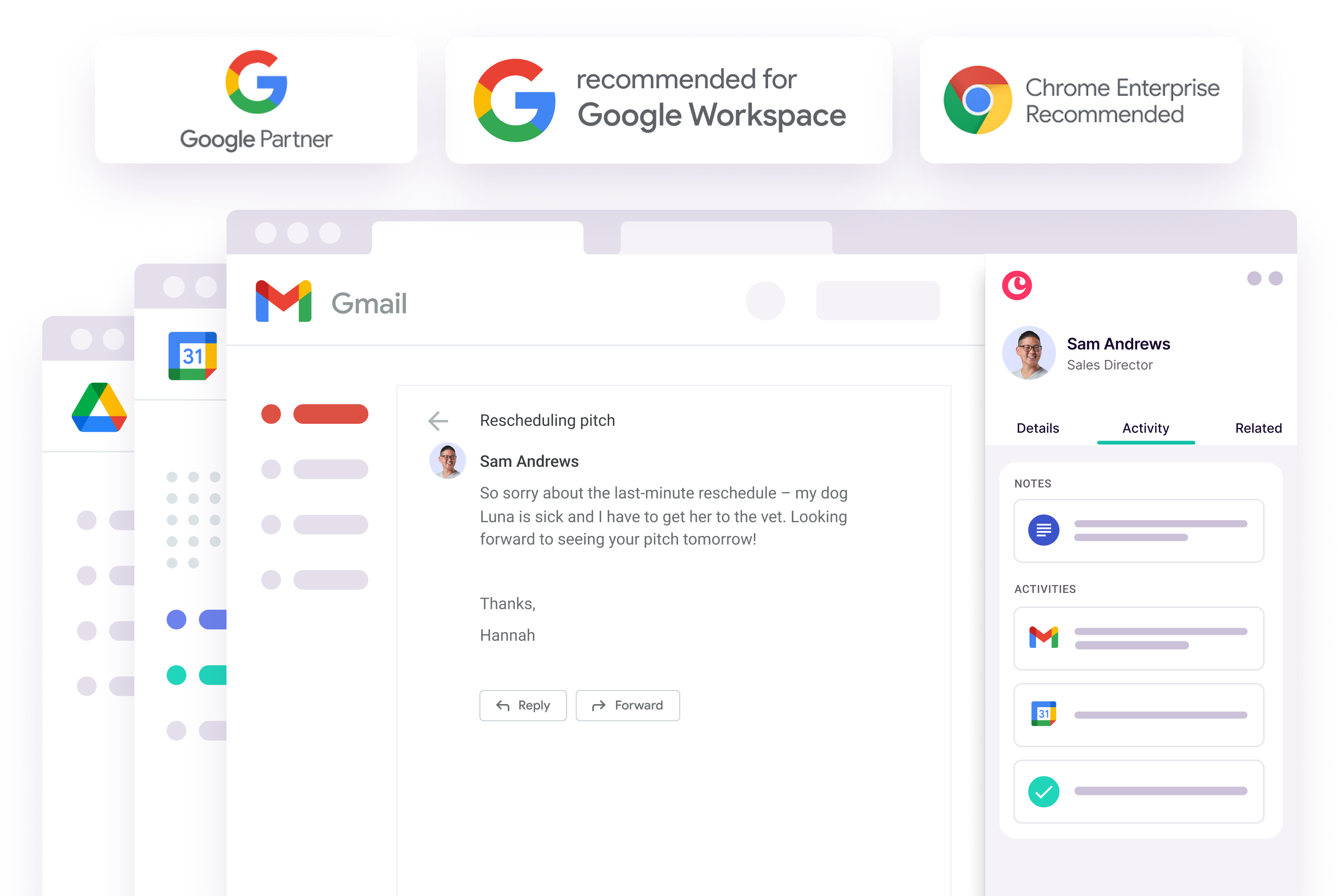 Copper interface connected with Gmail, Google Calendar, and Google Drive