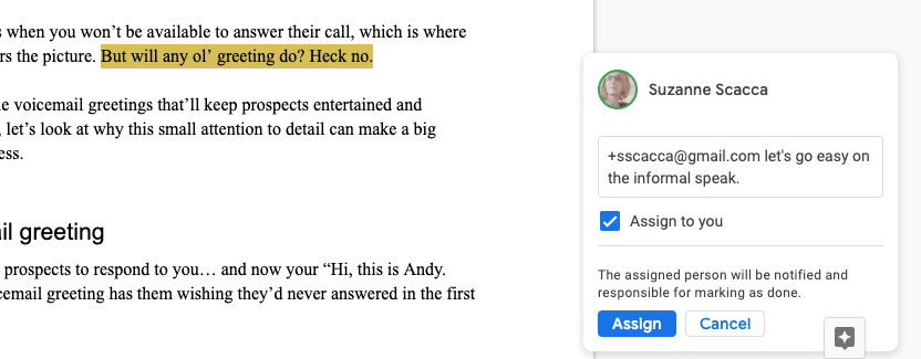 adding a person to a comment in google docs