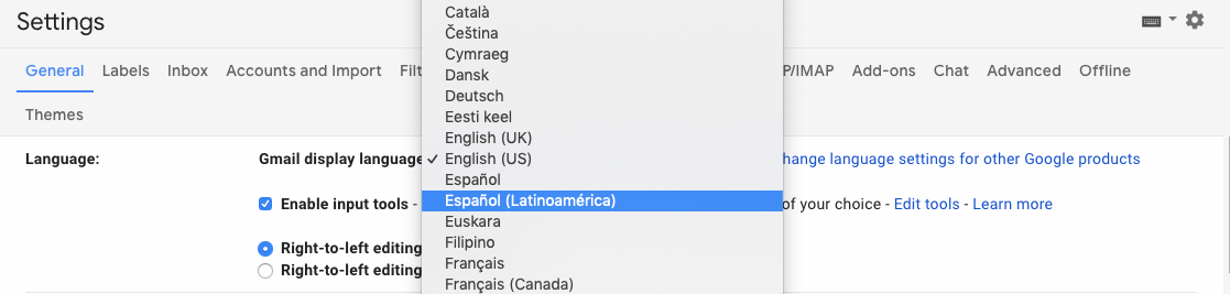 gmail language settings