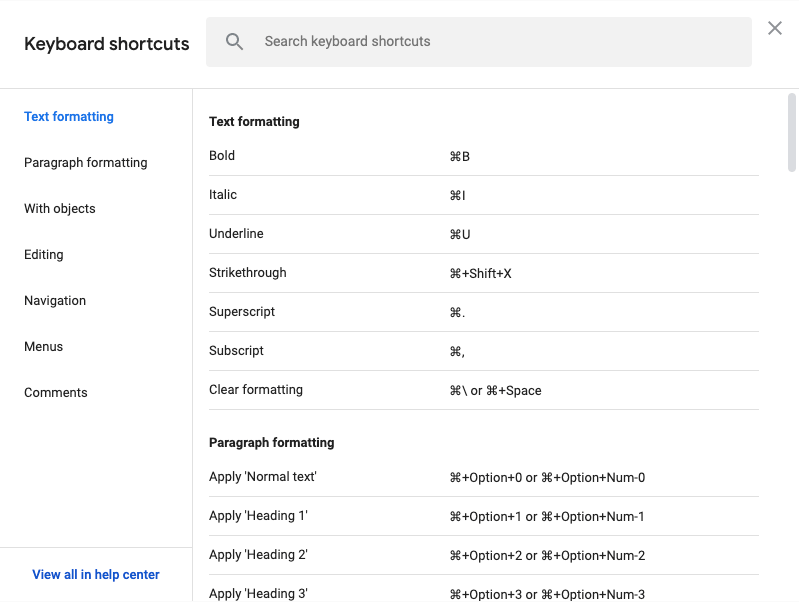 keyboard shortcuts for google docs