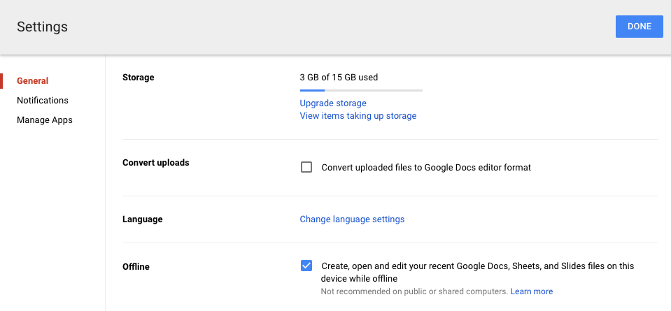 google drive offline settings