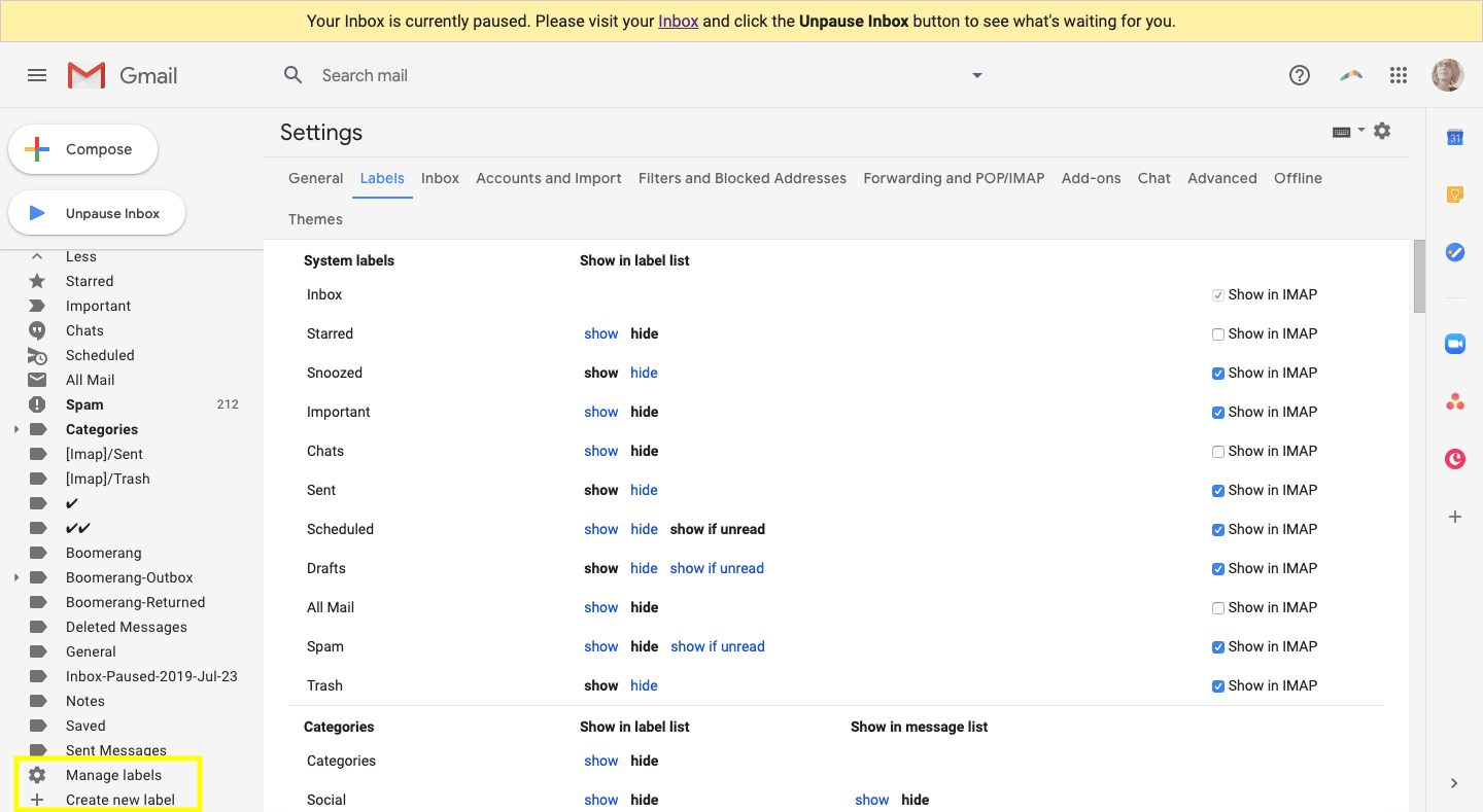 managing labels in gmail