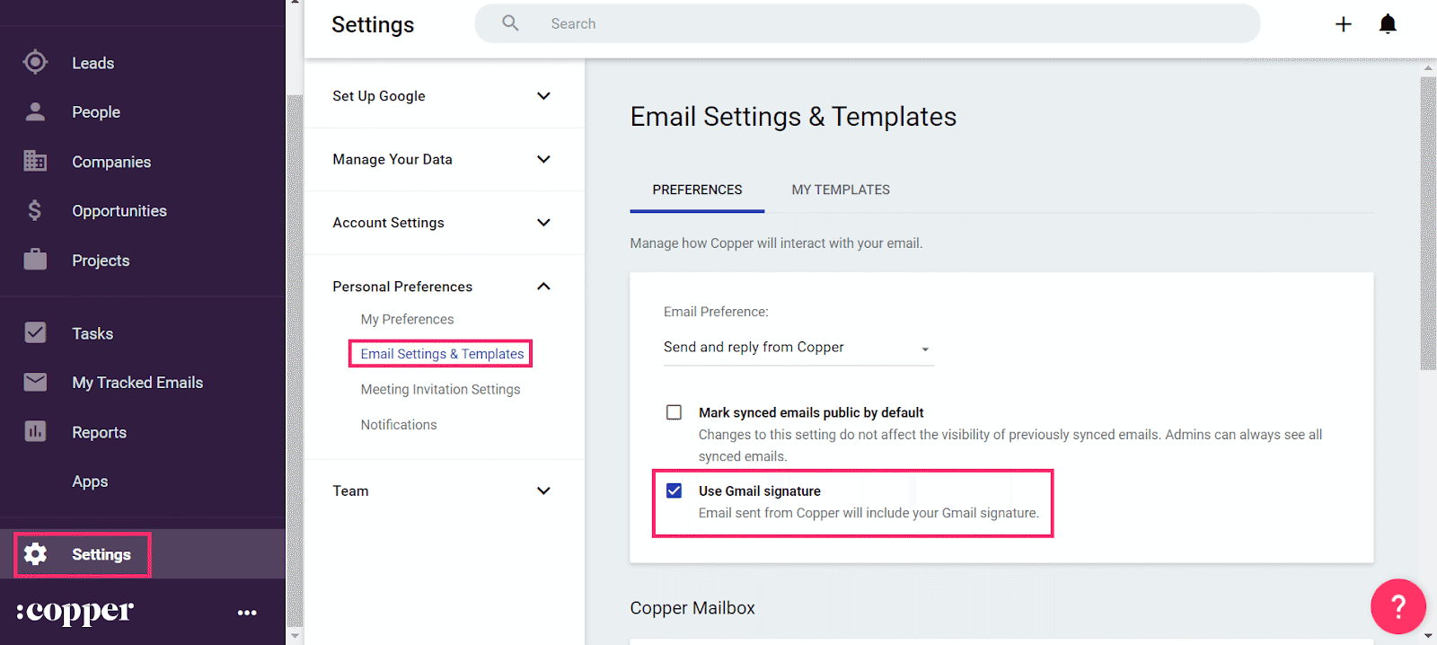 changing gmail signature in copper crm