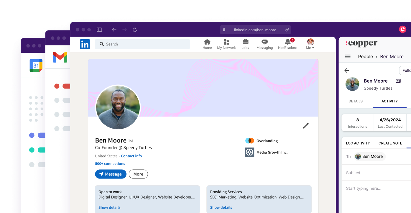 Copper Chrome extension showing contact details and activity beside websites like LinkedIn and Gmail