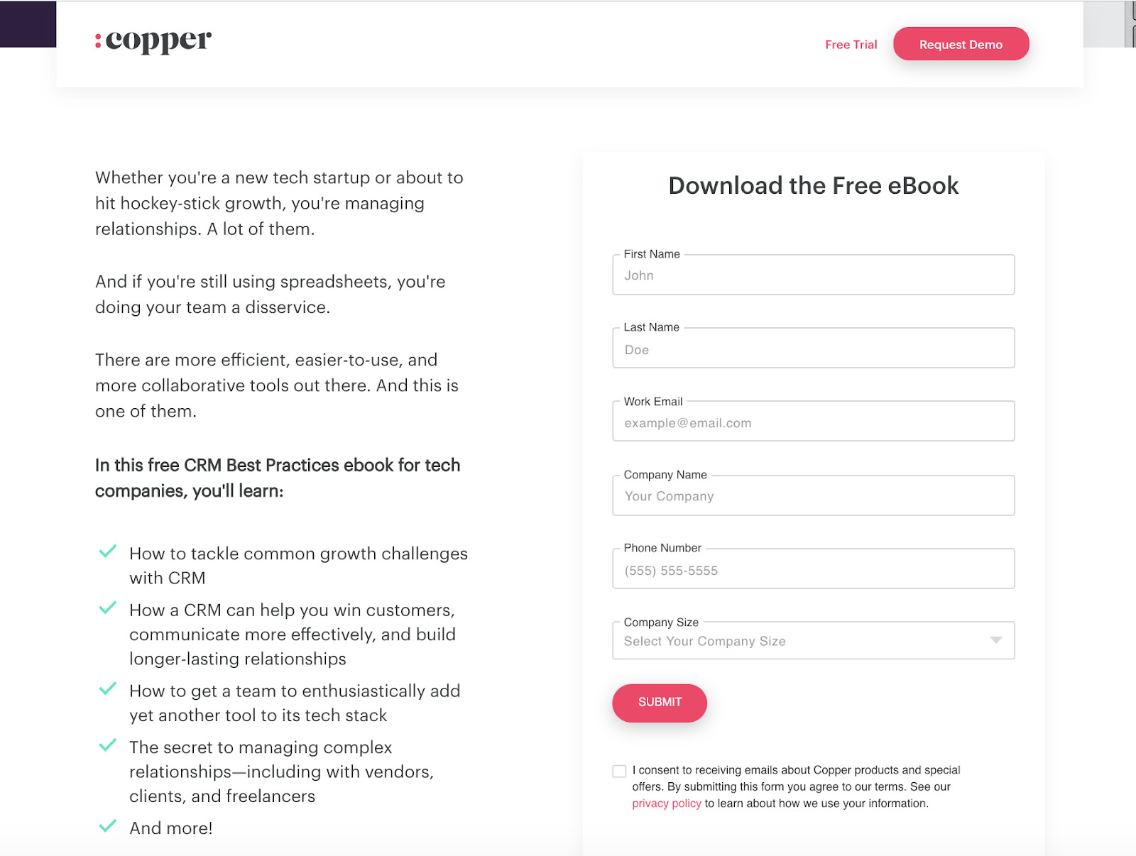 Landing page for Copper’s ebook, CRM Best Practices for Tech Companies