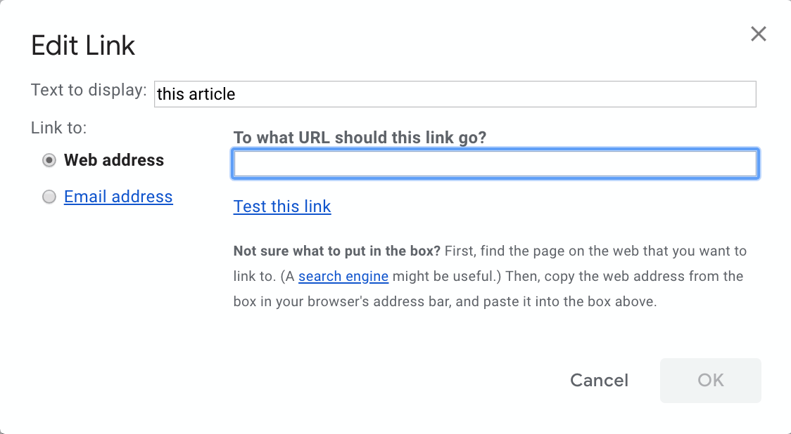 editing link popup in gmail