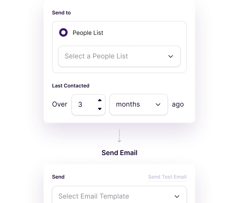 Copper email automation builder with people list and last contacted filters