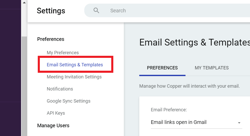 email settings in copper crm