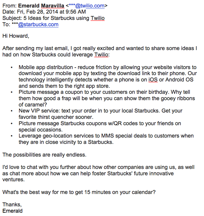 an example of a good pitch email to starbucks from twilio.
