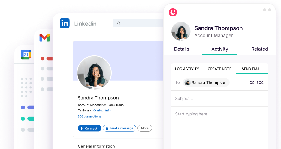 Copper side panel inside LinkedIn showing contact details, activity, notes, and email options