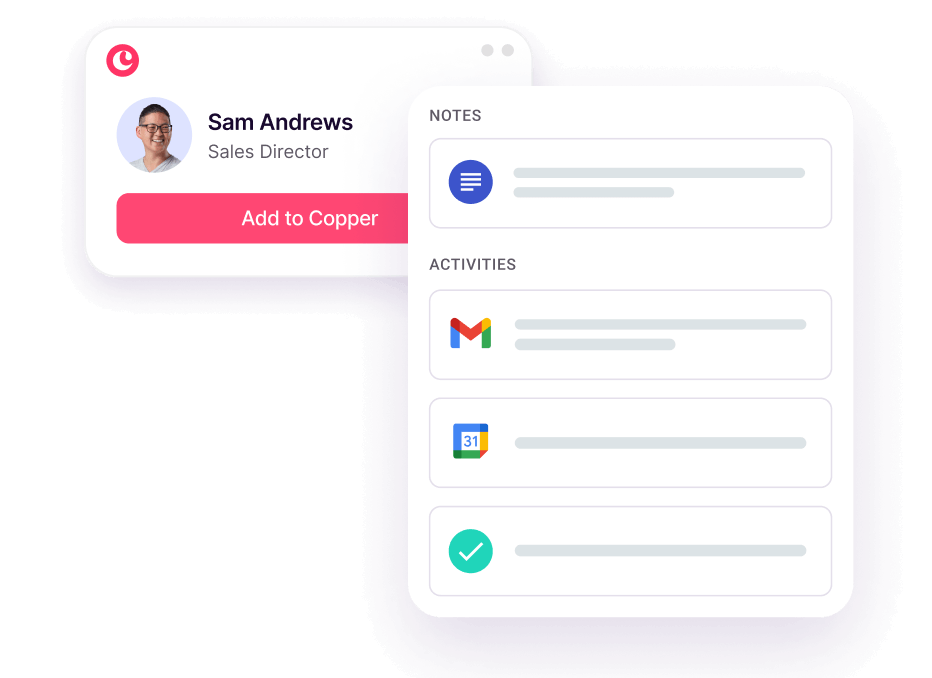 Copper contact activity view connected to Gmail and Calendar