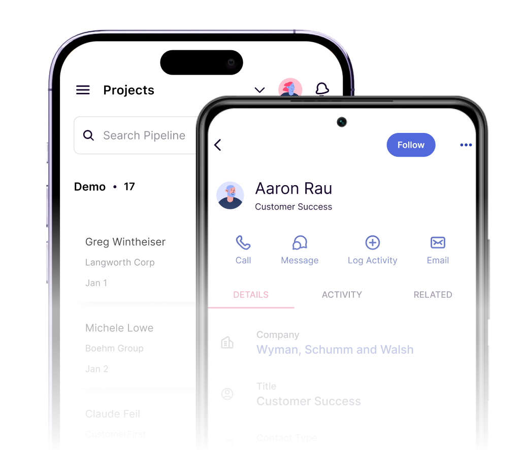 Copper mobile app showing a contact profile and a projects view on two phones