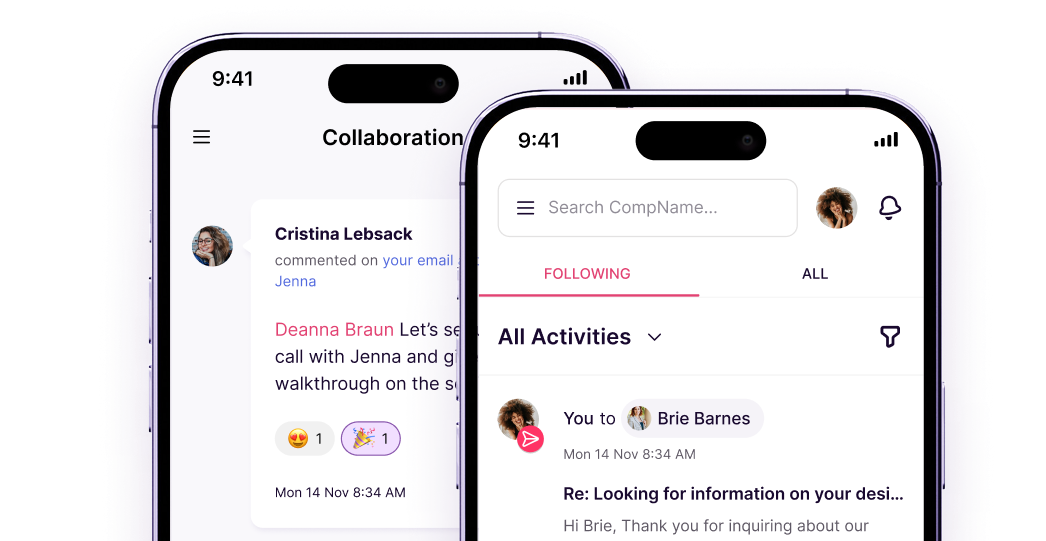 Copper mobile collaboration and activity feed screens on two phones