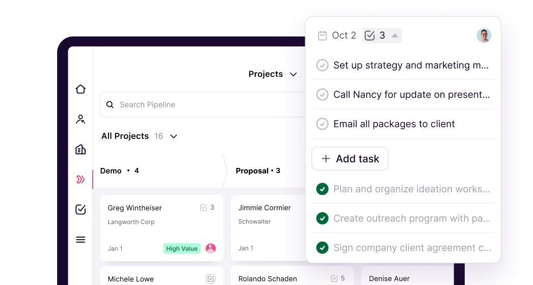 Copper project board with task list overlay showing project and task management