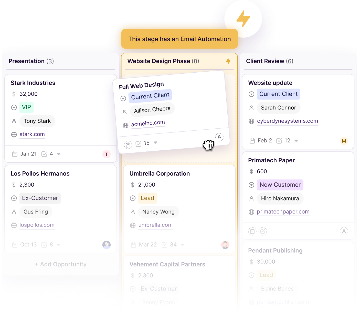 Copper stage-based email automation running directly inside the sales pipeline