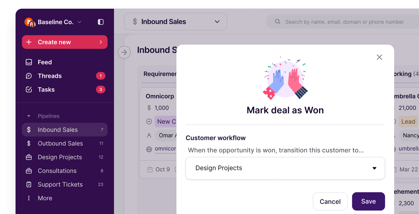 Copper pipeline moving a won deal into a customer workflow project