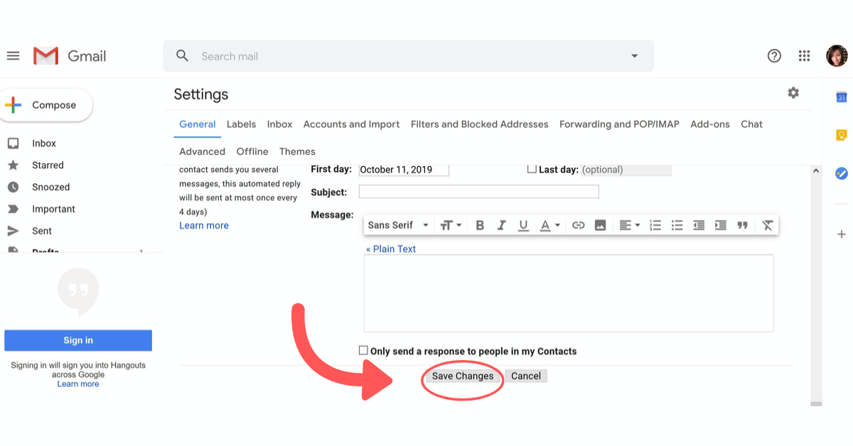 save changes in gmail settings