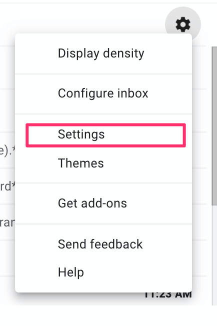 settings in gmail dropdown