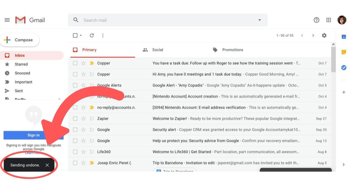 unsending an email in gmail