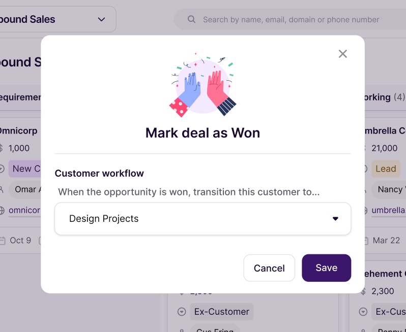 Copper workflow automation moving a won deal into a project workflow