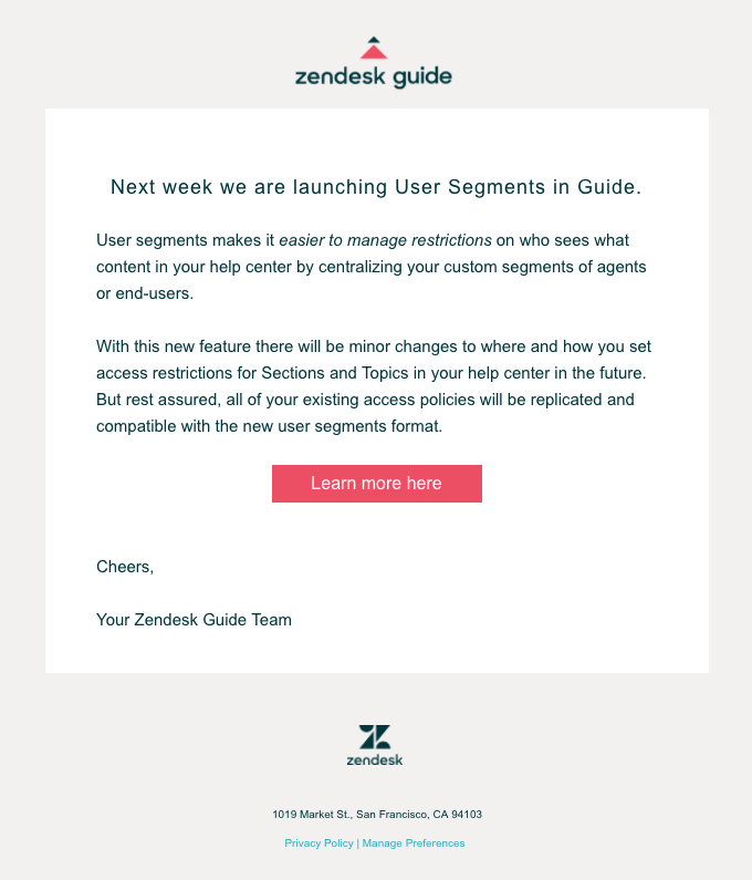 saas customer email example from zendesk